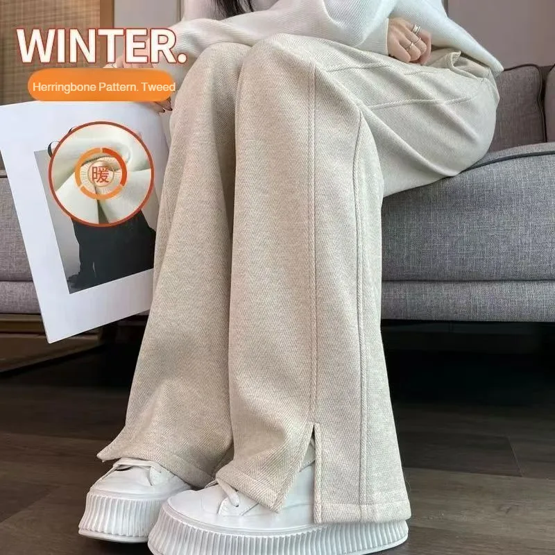 بنطلون نسائي من الصوف واسع الساق مبطن بالصوف سميك عالي الخصر، بنطال مستقيم الساق على طراز الخريف والشتاء