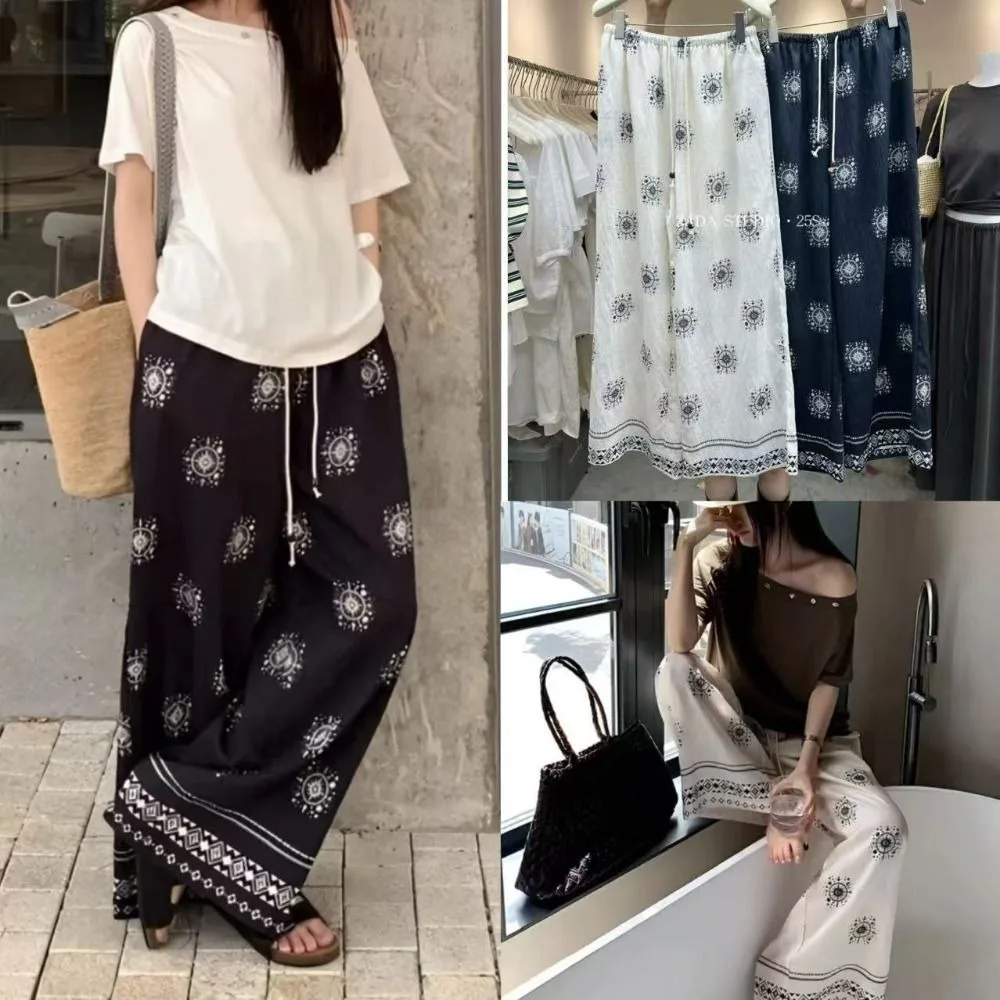 Versatile Boho Printed Long Pants Bkack White Thin Baggy Pants Drooping Sensation Soft Straight-Leg Pants Spring Summer