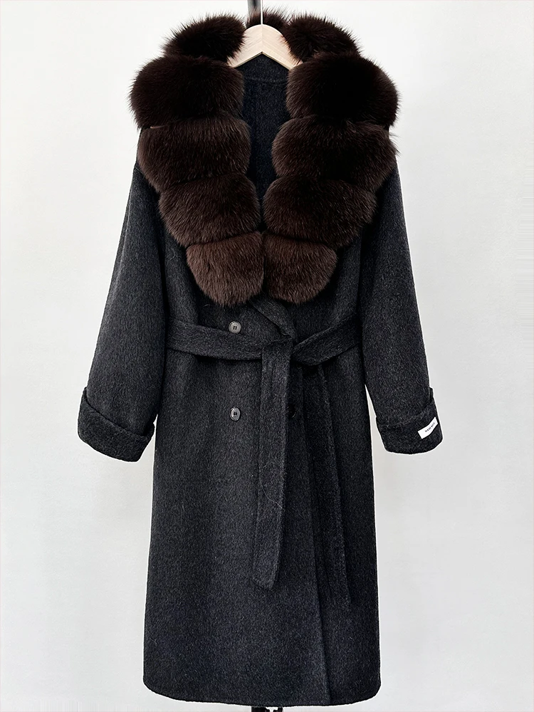 

2025 Winter Women Jacket Woolen Blends Coat Natural Real Fox Fur Collar Belt Loose Outerwear Casual Outerwear Streetwear