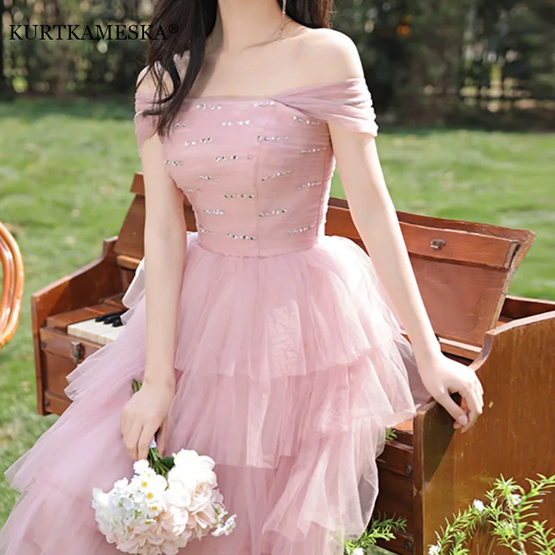 

Elegant Pink Evening Party Gowns A-Line Wedding Dress for Women Photo Shoots Vintage Tiered Tulle Prom Party Gown Customized