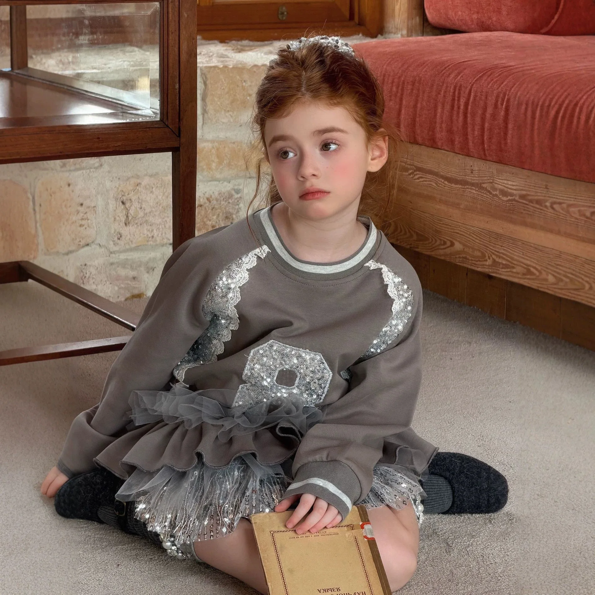 Fashion Sweater Sparkling Top Children's Wear 2026 Autumn Heavy Industry Bead Strap Skirt Girls'