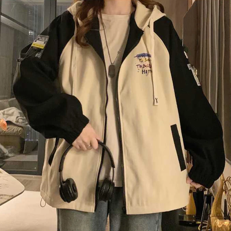 Vintage Graphic Women Trench Coat Zip Up Baggy Oversized Y2K Top Streetwear Cute Casual Winter Autumn Outerwear Jacket