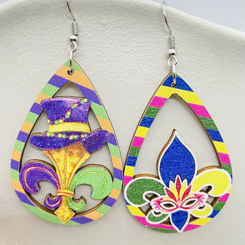 New Mardi Gras Wooden Earrings Creative Mask Avocado Earrings for Women Tuesday Carnival Party Jewelry Gifts