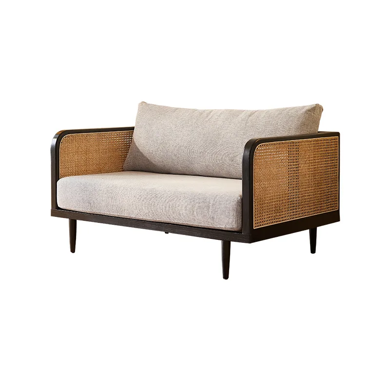 

New Chinese retro solid wood sofa, home Nordic ash wood three-person, modern simple living room rattan sofa