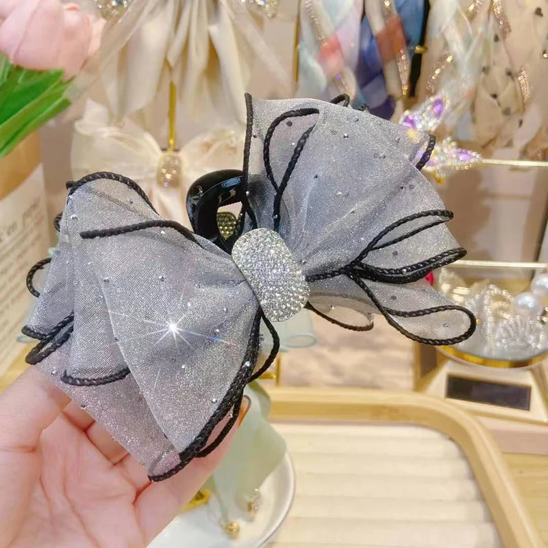 Korean Style Mesh Bow Rhinestone Hair Claw Vintage Elegant Hair Clamp Hairpin Shark Clips For Women Fashion Hair Accessories