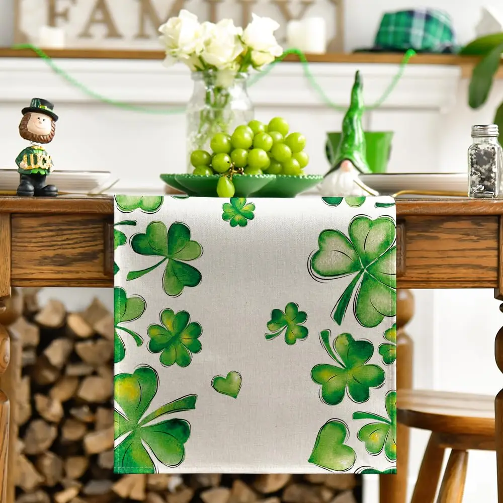 Green Shamrock Bushes Table Runner for Home Party Decor,Kitchen and Dining Table,Holidays Holiday, St. Patrick's Day, 13x72 Inch