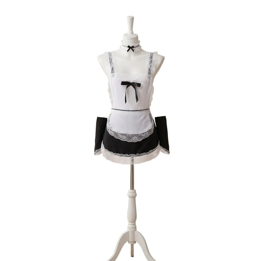 Women’s Black White French Maid Costume Lace Trim Crop Top Mini Skirt Cosplay Outfit with Headband Wrist Cuffs