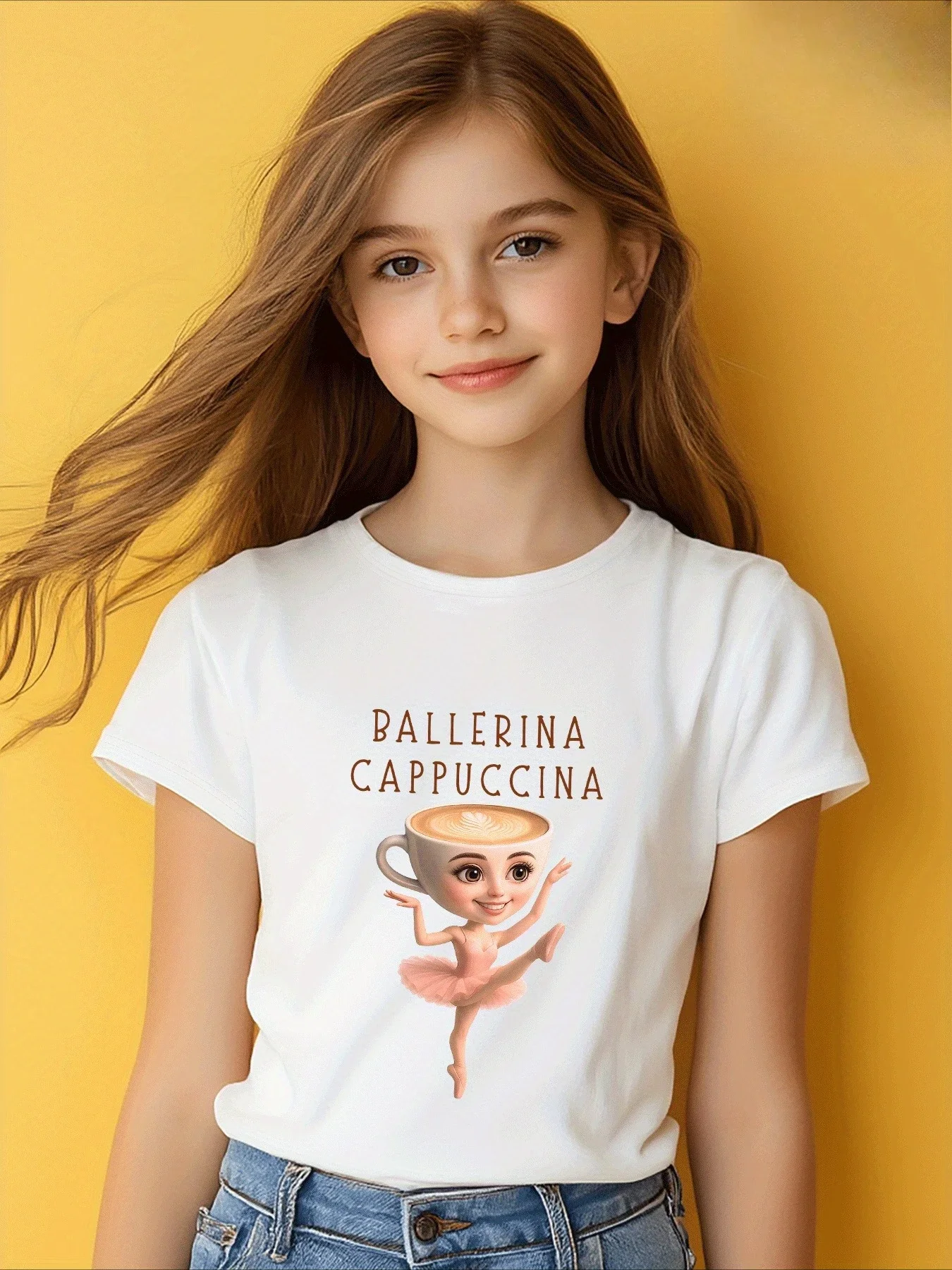 

Балетный капучино для девочек BALLERINA CAPPUCCINA с короткими рукавами и круглым вырезом, летний повседневный топ с героями мультфильмов для девочек, обычная модная футболка