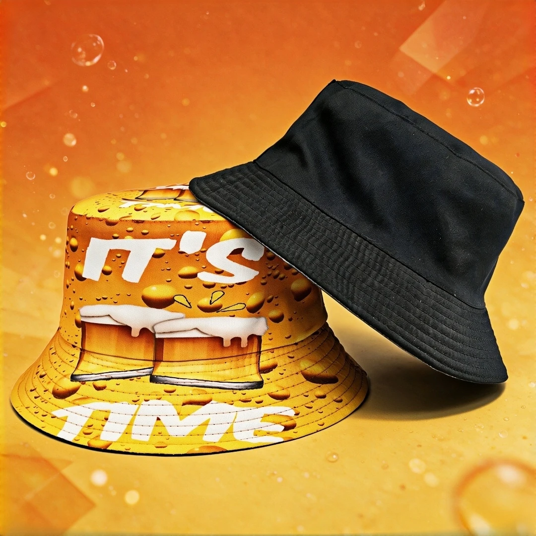 It's Beer Time Print Bucket Hat Funny Beer Mug Bubbles Pattern Wide Brim Fisherman Cap Unisex Bar Party Outdoor Vacation Sun Hat