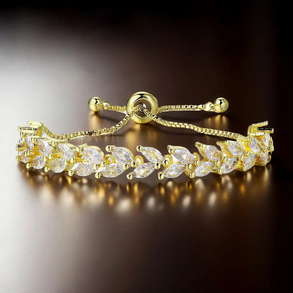 Wunderschönes, glänzendes, verstellbares Blatt-Tennisarmband mit Zirkonia-Besatz für Damen und Herren, zarte Kristall-Handkette, Schmuck H035 – Detail 4