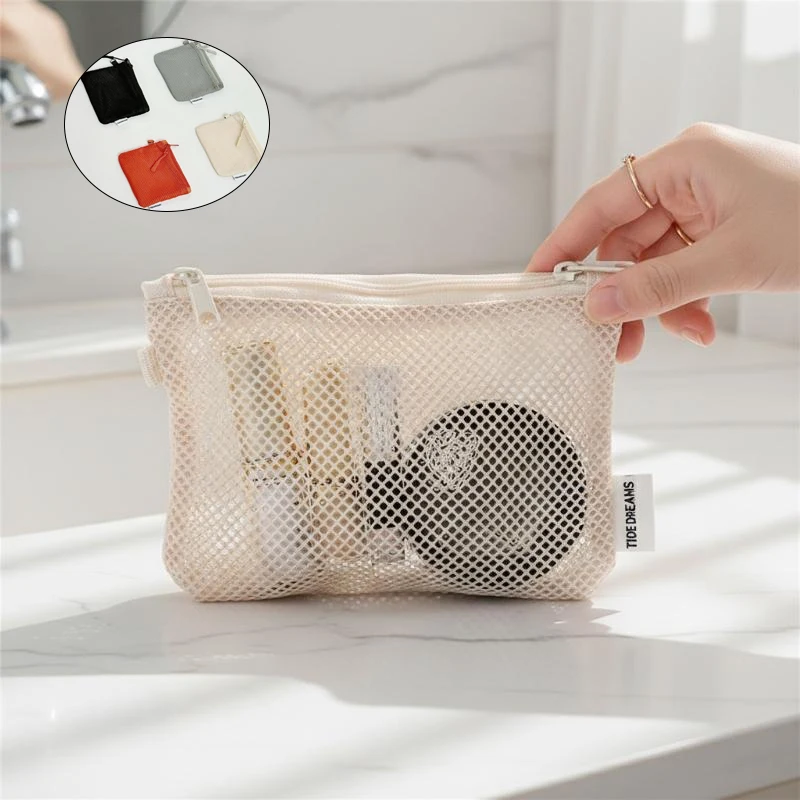 New Travel Makeup Storage Bags Multi-purpose Square Bag Double-layer Zipper Card Holder Mesh Coin Purse Simple Portable Mini Bag