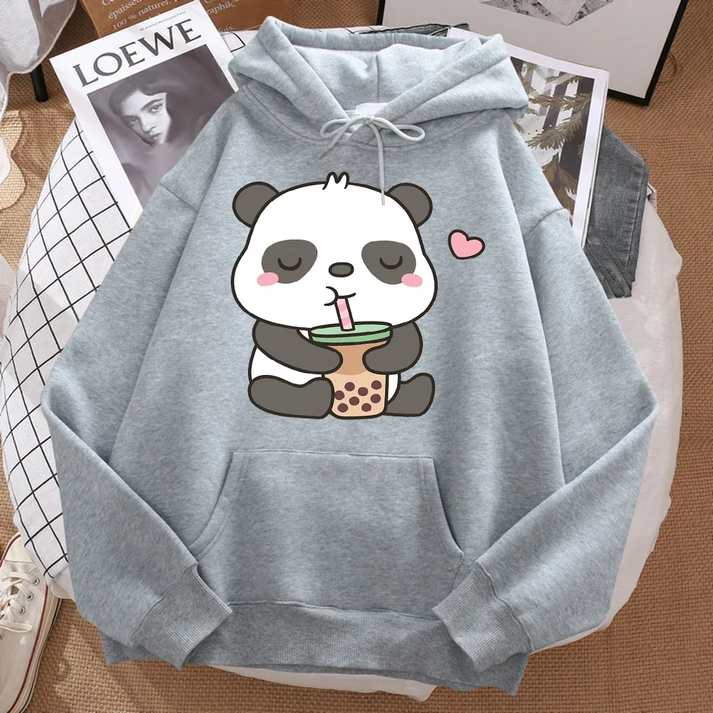 Pandas Love Drinking Pearl Milk Tea Print Hoodie Women Harajuku Warm Hoody Fashion Casual Sweatshirt Autumn Long Sleeve Hoodies