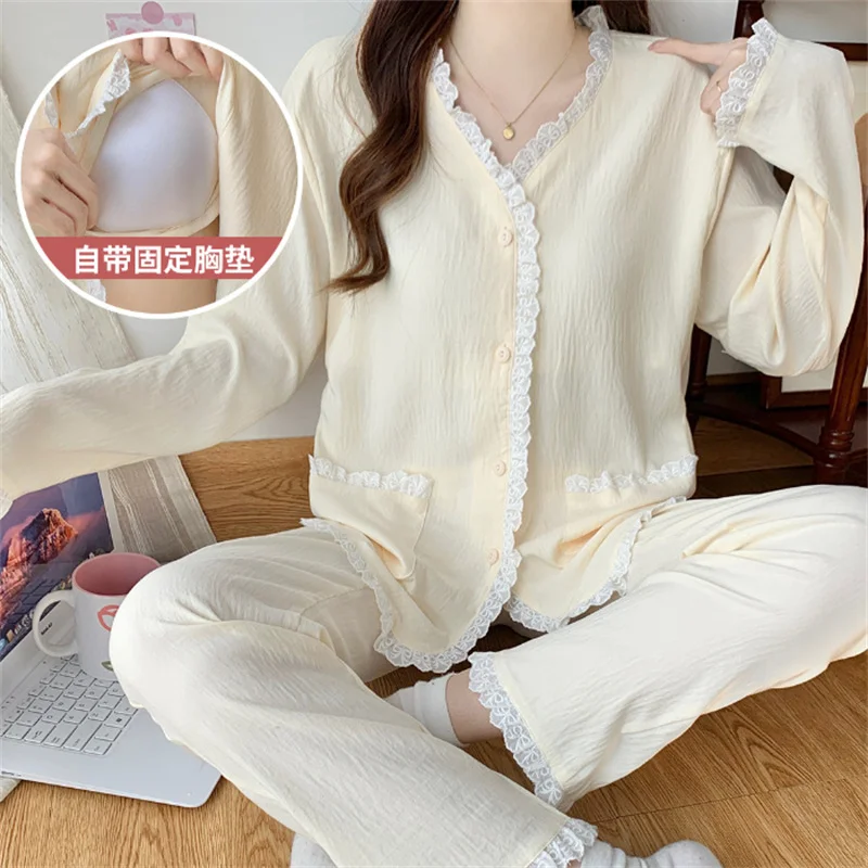 Pyjama Pour Femme Bra Pad Long Sleeve V Neck Cardigan Pant Set Buttons Elegant 2 Pieces Pajamas Women Outfit Casual Sleepwear