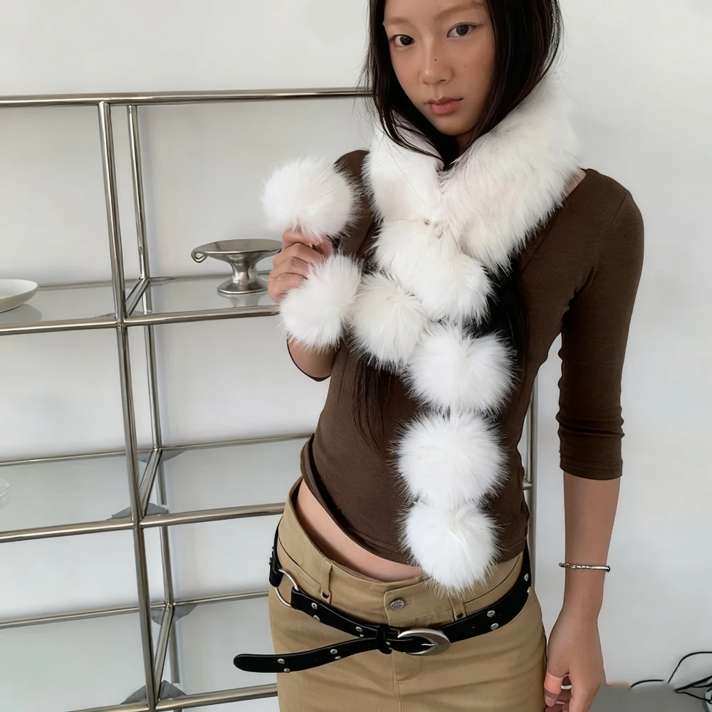 Syal Wanita Bulu Imitasi Rubah Musim Dingin, Syal Bulu Lembut Hangat Vintage, Aksesoris Sweater Mantel Katun Korea, Kerah Sweater