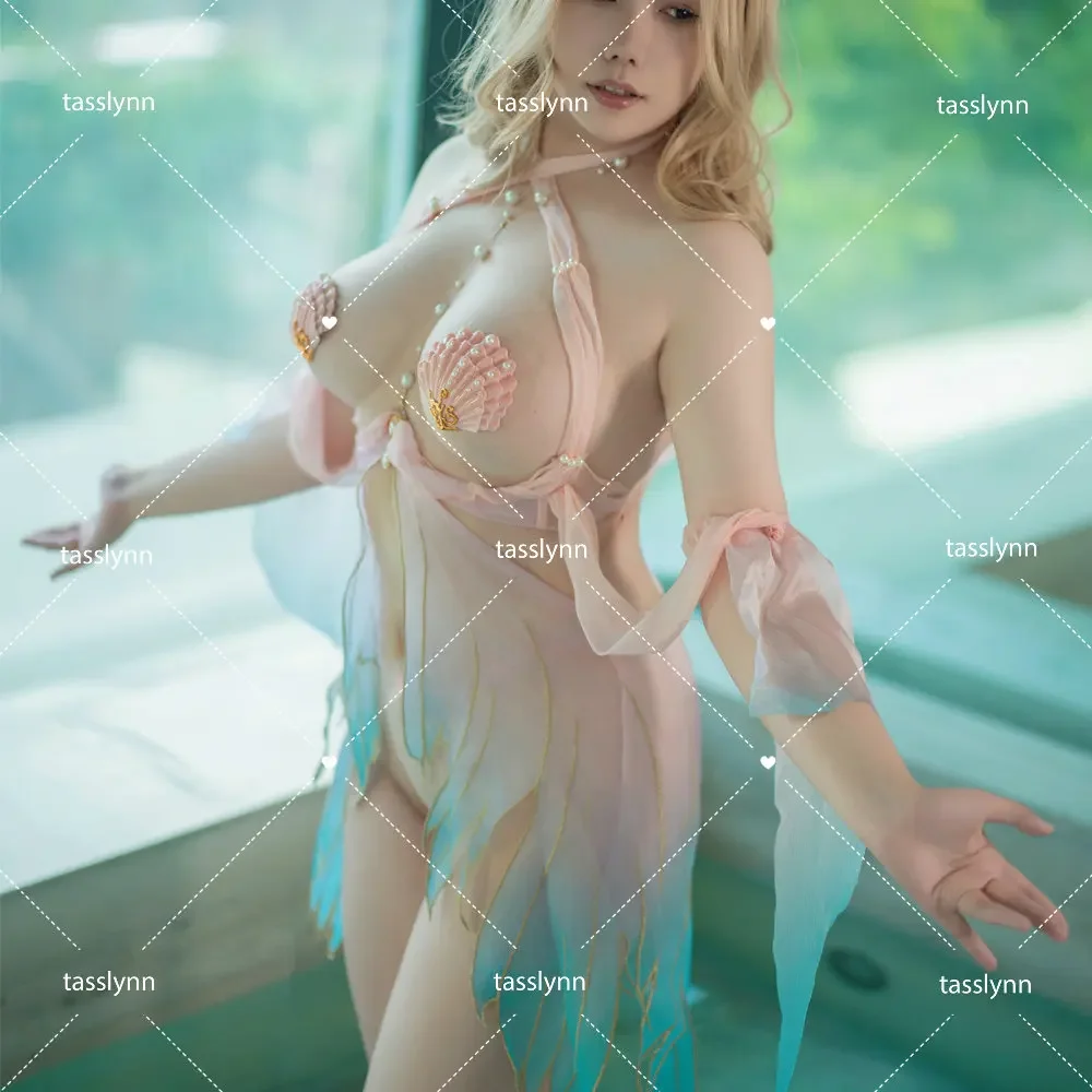 Pink Sexy Mermaid Cosplay Set Illusory Color Pearl Chain Shell Mermaid Swimsuit Sexy Dress Shell Bra Cosplay Costumes view 3