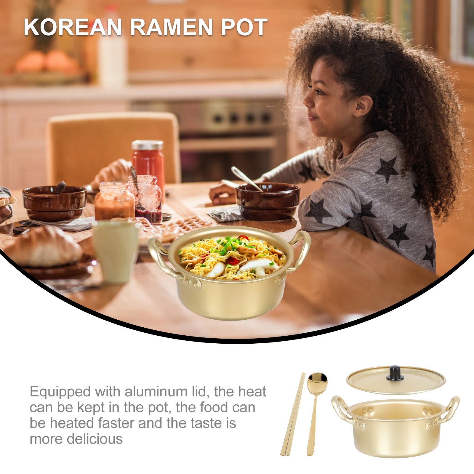 

1 set Instant Noodle Korean Ramen Aluminum Portable Cooking Soup Pot Binaural Stockpot Non-Stick Lid Handle Heat Retention Milk