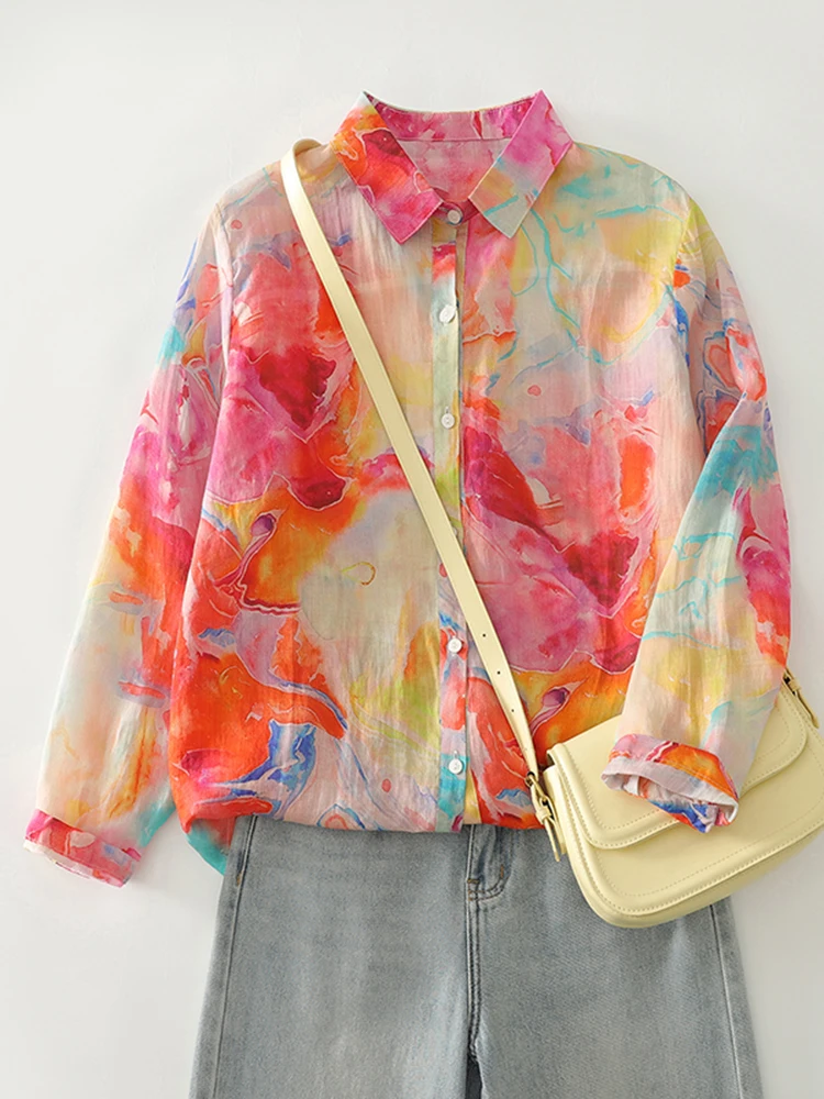 

Cotton Linen Printed Long Sleeved Shirt for Women in Spring Autumn New Loose Casual Turn-Down-neck Plus Size Blouse Top S103