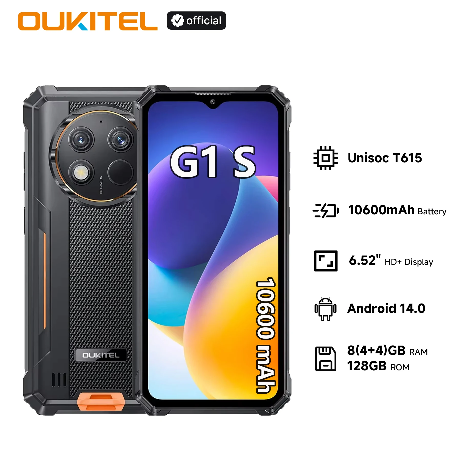 هاتف ذكي Oukitel G1 S متين بقدرة 10600 مللي أمبير في الساعة يعمل بنظام أندرويد 15، وذاكرة وصول عشوائي 8 جيجابايت (4+4)+128 جيجابايت وشاشة عالية الدقة مقاس 6.52 بوصة NFC