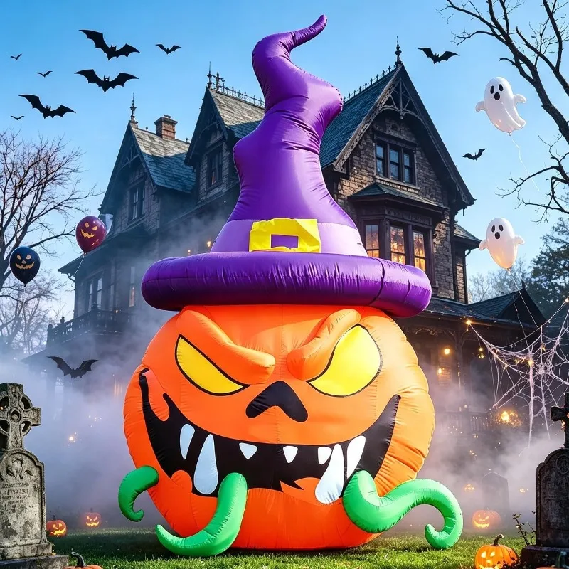 12FT scary Halloween inflatable Pumpkin dress up LED Witch hat pumpkin with tentacles for Haunted house party holiday