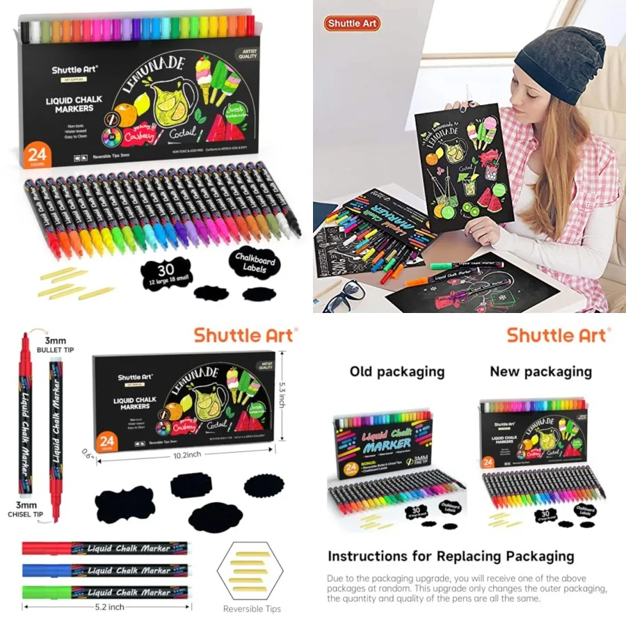 シャトルアート-チョークマーカー-24色-鮮やかな色-液体チョークマーカーペン-黒板-窓-ガラス-車-消せる-3mm-両面使用可能