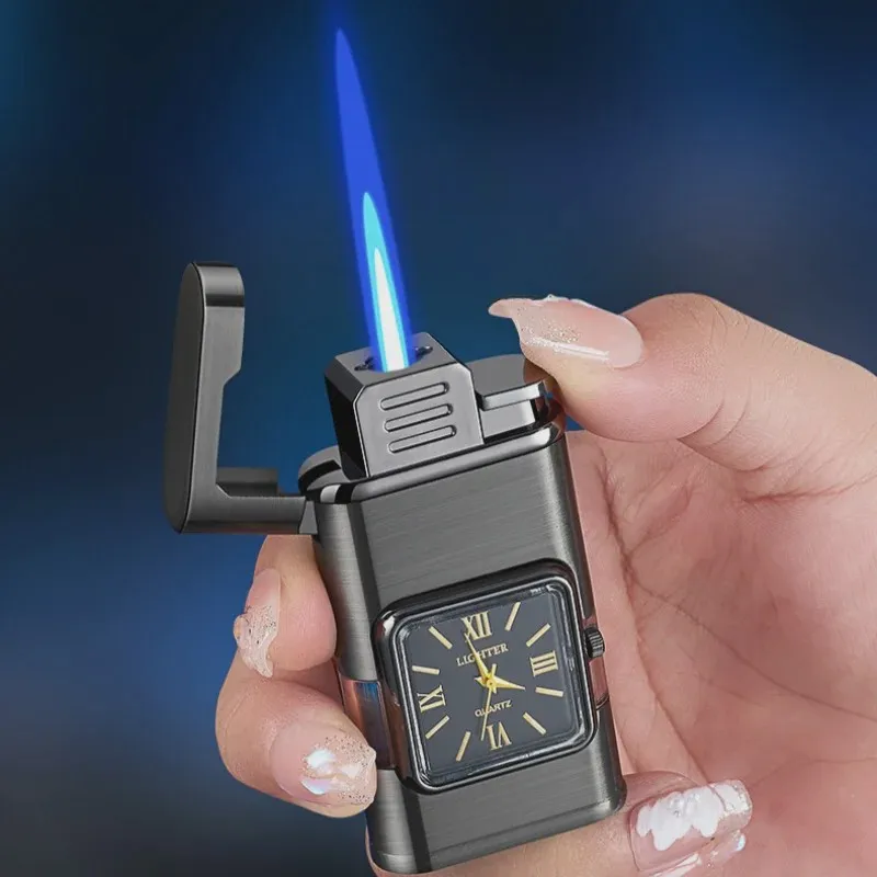 Premium Transparent Clock Lighter Lighter for Men Portable Dual Flames Butane Lighters Men Present Lighters Smoking