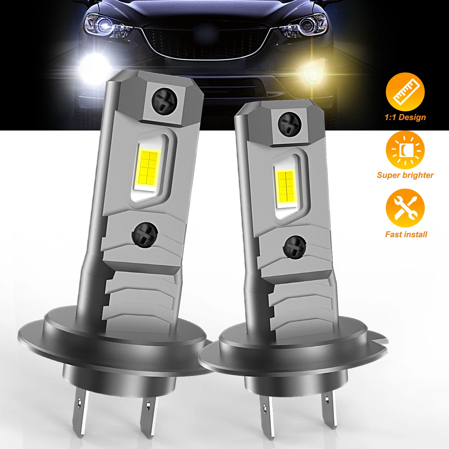 

DRIVEVISION 2Pcs H7 LED Lights 1:1 Mini Size Head Lamp Wireless 20000LM CSP LED Chips H7 Car LED Headlight Bulb 6500K White 12V