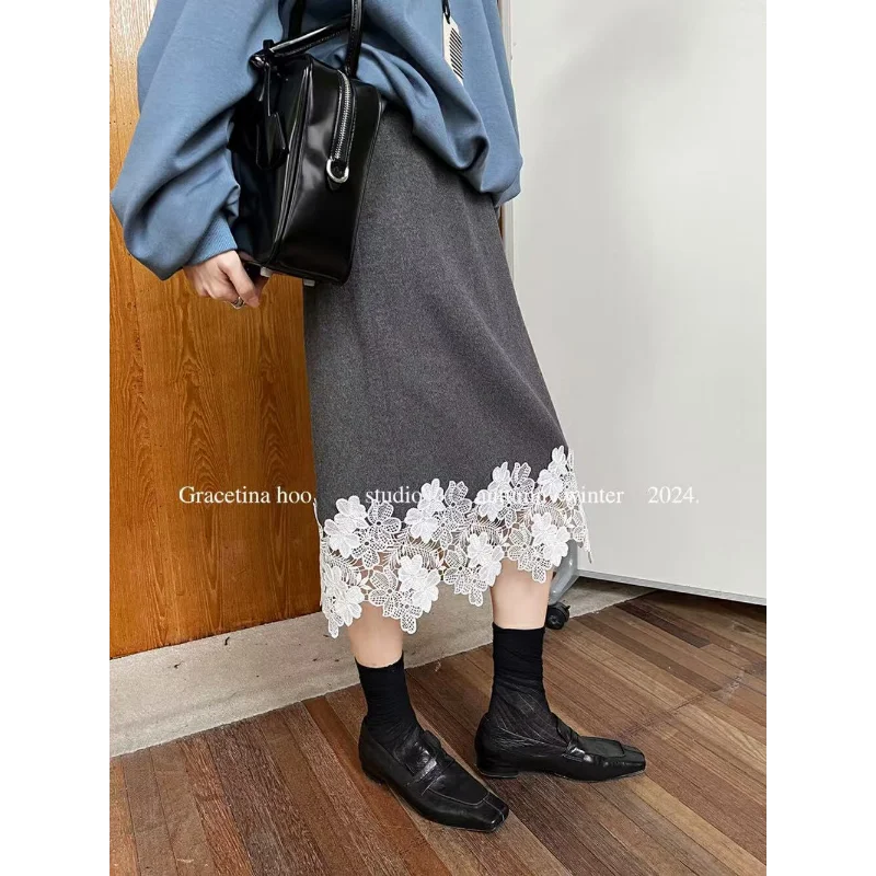 Women Lace Stitching Straight Woolen Skirt with Fashion Loose Versatile Sweet Elegant Casual Small Fragrance Grey Lady Skirt