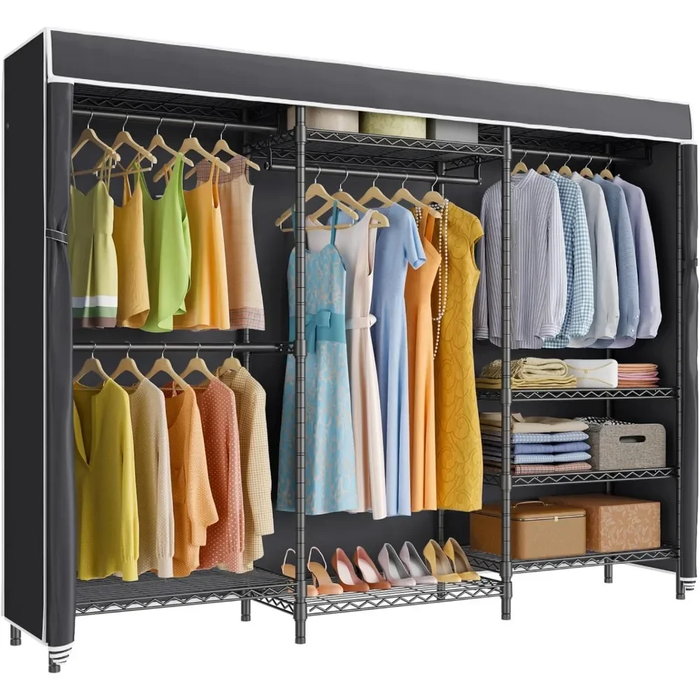 V5C Portable Wardrobe, Heavy Duty Hanger with Adjustable Shelves, Black Metal, Max Load 1040 lbs, Zippered Dust Cover