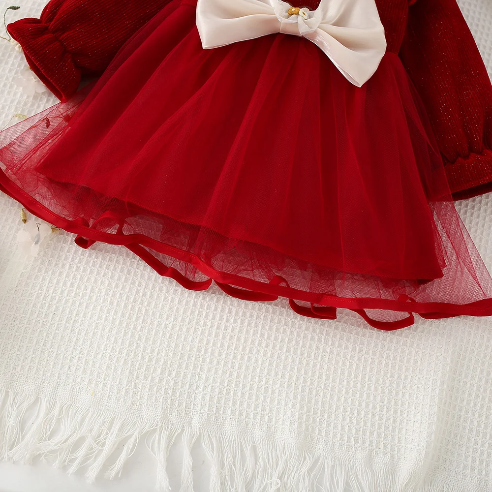 Autumn Girl Bow Long Sleeve Mesh Princess Dress With Lace Decoration Solid Round Neck Birthday Red Sweet Dress New Year Clothes