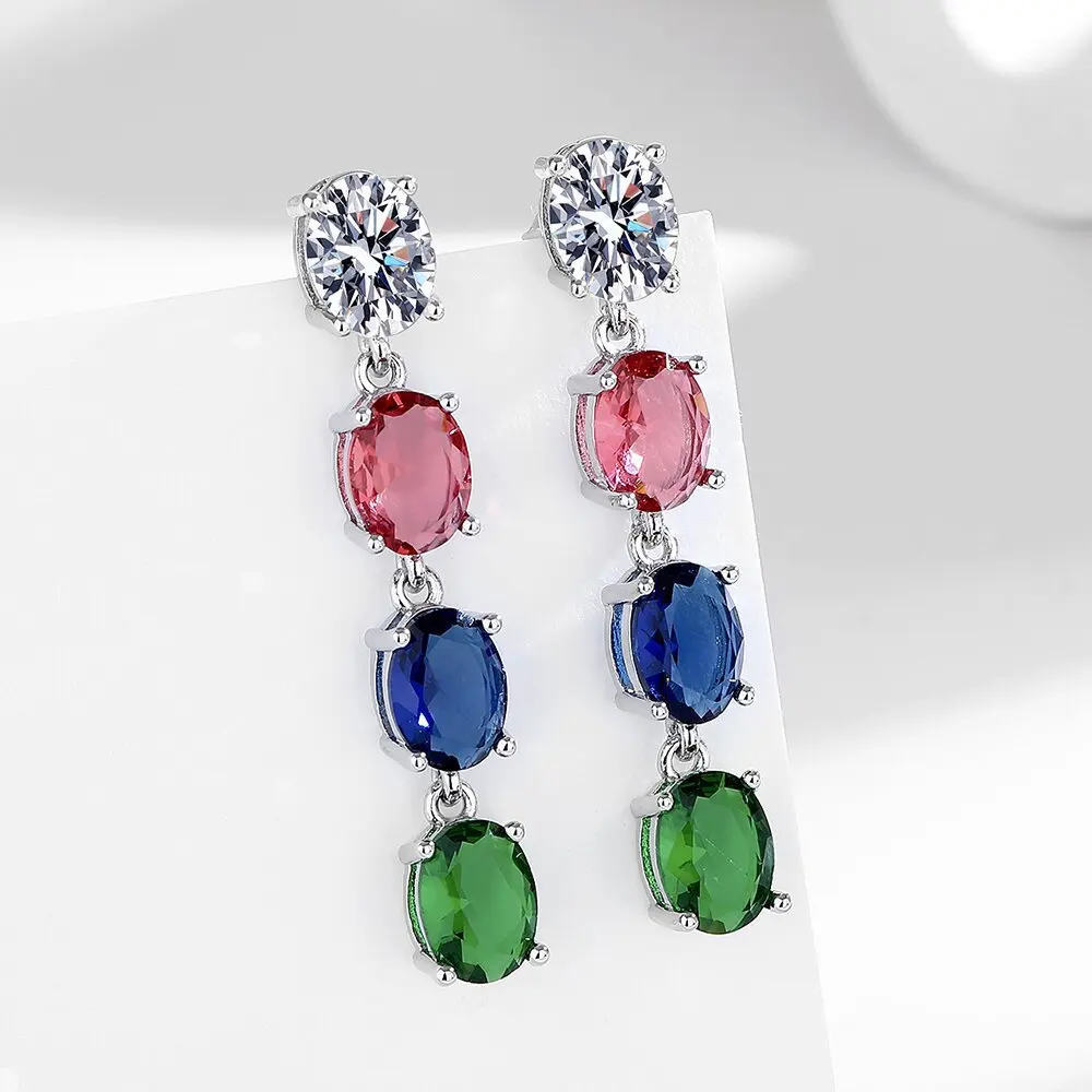 Ohrringe aus 925er-Sterlingsilber, lang, geometrisch, farbige Zirkone, Damenmode, schlicht, Geburtstag, Hochzeitstag, Schmuck, Geschenk