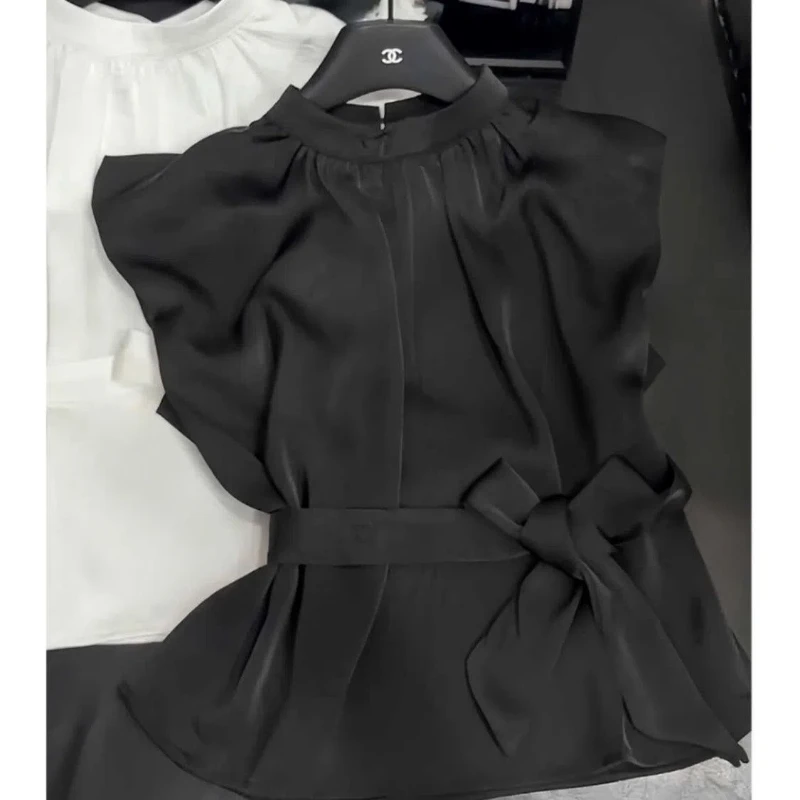 Temperament Chiffon All-match Blouse Summer New Solid Sleeveless Lacing Youth Korean Shirt Tops Fashion Elegant Women Clothing