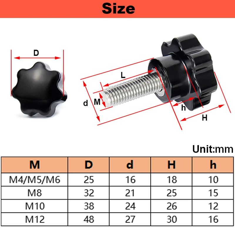 304 Stainless Steel Seven-star Handle Bakelite Hand Screw Bolt Knob Plum Handle Screw High Temperature Resistance M4M6M8M10M12