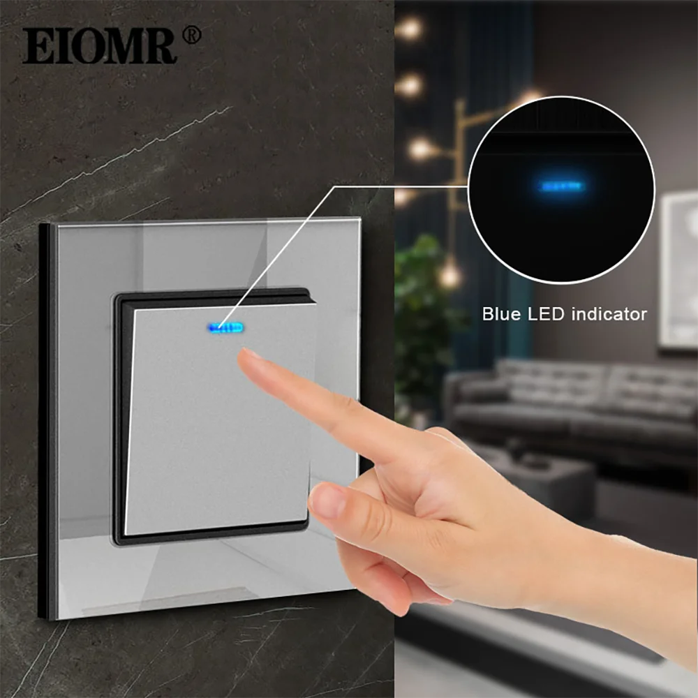 EIOMR Crystal Glass Switch Panel LED Indicator 86mm*86mm 1 2 Gang Switch Button Light Switch 16A 250V Rocker Wall Light Switch