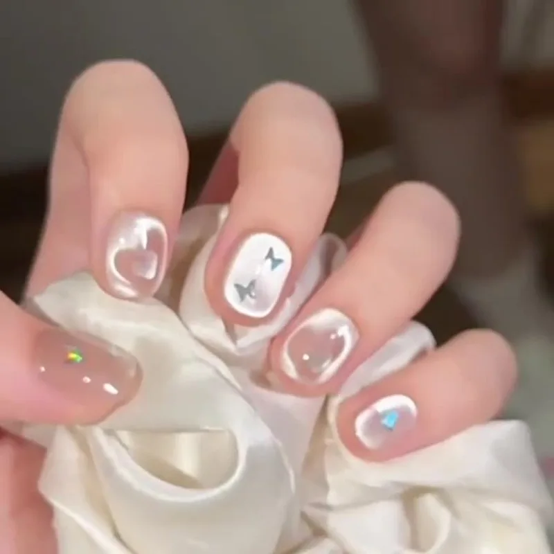 

Handmade Acrylic Press on Nails Set for Girls Cat Eye Short Nail Tips 10pcs Pink Heart Butterfly False Nails with Box and Tools