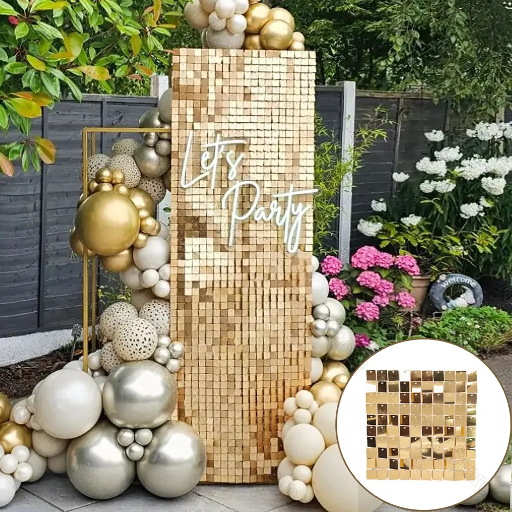 

12 шт., светлый золотой фон с блестками, мерцающая панель, 4x3 фута, золотые блестящие квадраты, настенные фоны для дня рождения, свадьбы, годовщины, декор
