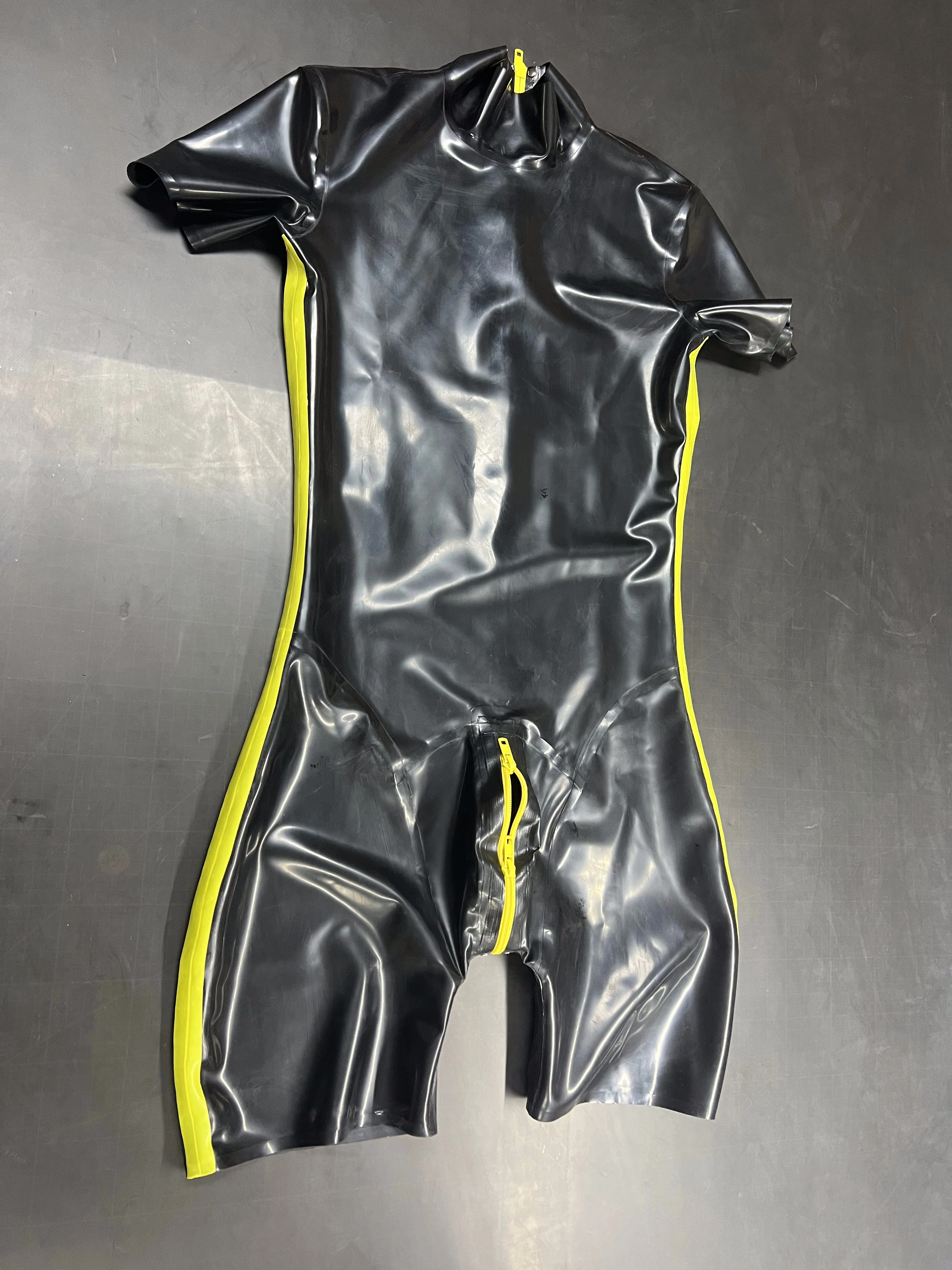 

Black Rubber Bodysuit with Yellow Stripes for Men Versatile Short-Sleeve Jumpsuit with Zipper ﻿