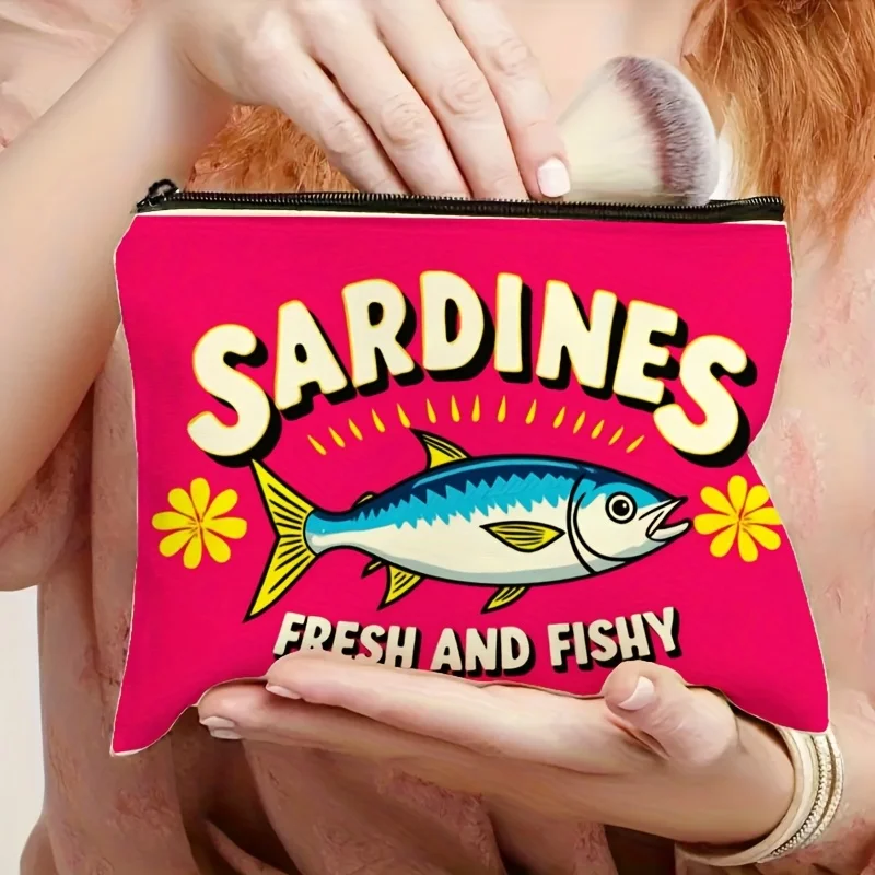 1pc Sardines Print Cosmetic Bag with Zipper Closure - Beige Fabric Makeup Pouch, Bold Graphic Design & Minimalist Style