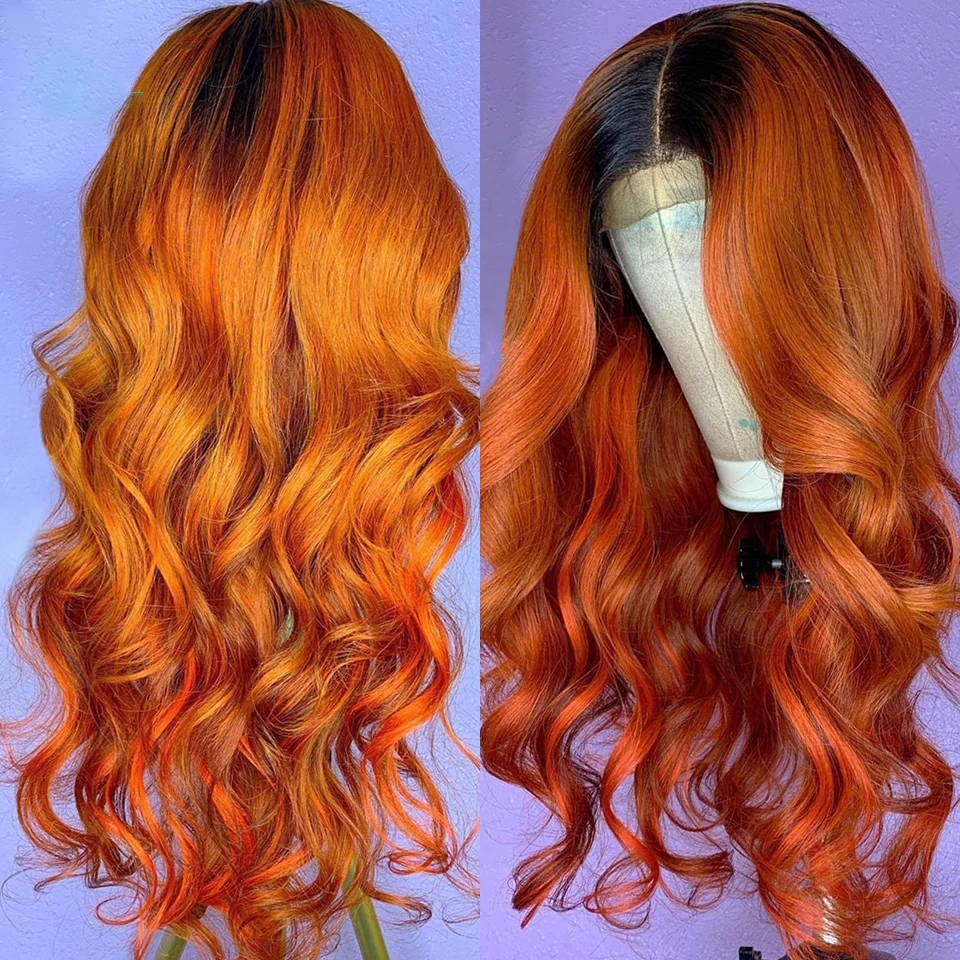 Peluca larga y suave de encaje frontal para mujer, pelo de bebé prearrancado, resistente al calor, sin pegamento, 26 pulgadas, color Naranja degradado, densidad de 180