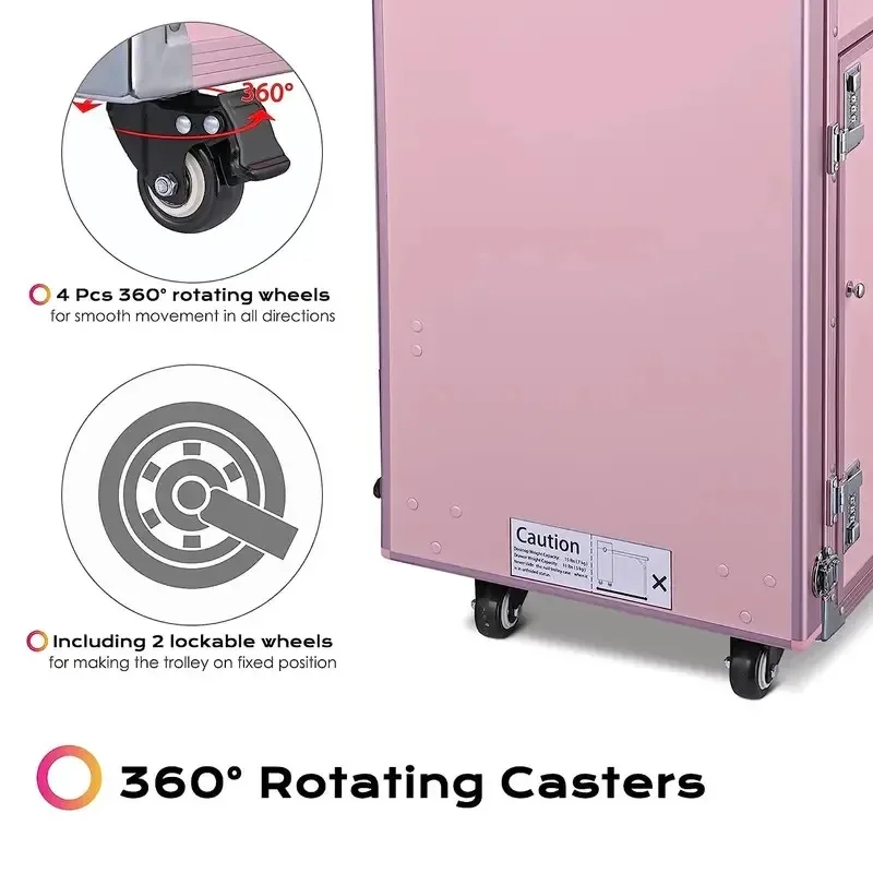 Folding Manicure Table with Wheels, Makeup Suitcase with Wheels, Travel Storage Organizer with 4