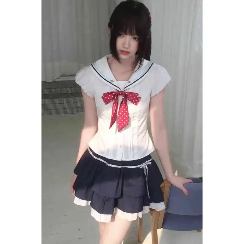 Japanese JK Uniform Retro Harajuku Collar Short Sleeve Shirt Sweet Fold Waist Half Skirt Unique Millennium Cosplay Two Piece Set