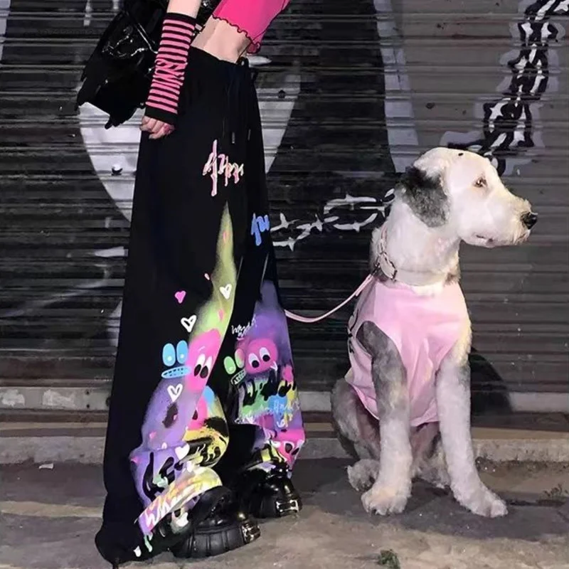 Calça de perna larga estampada com grafite feminino, Harajuku, cintura alta, cordão, calça solta, streetwear hip-hop, roupa coreana, nova, Y2k