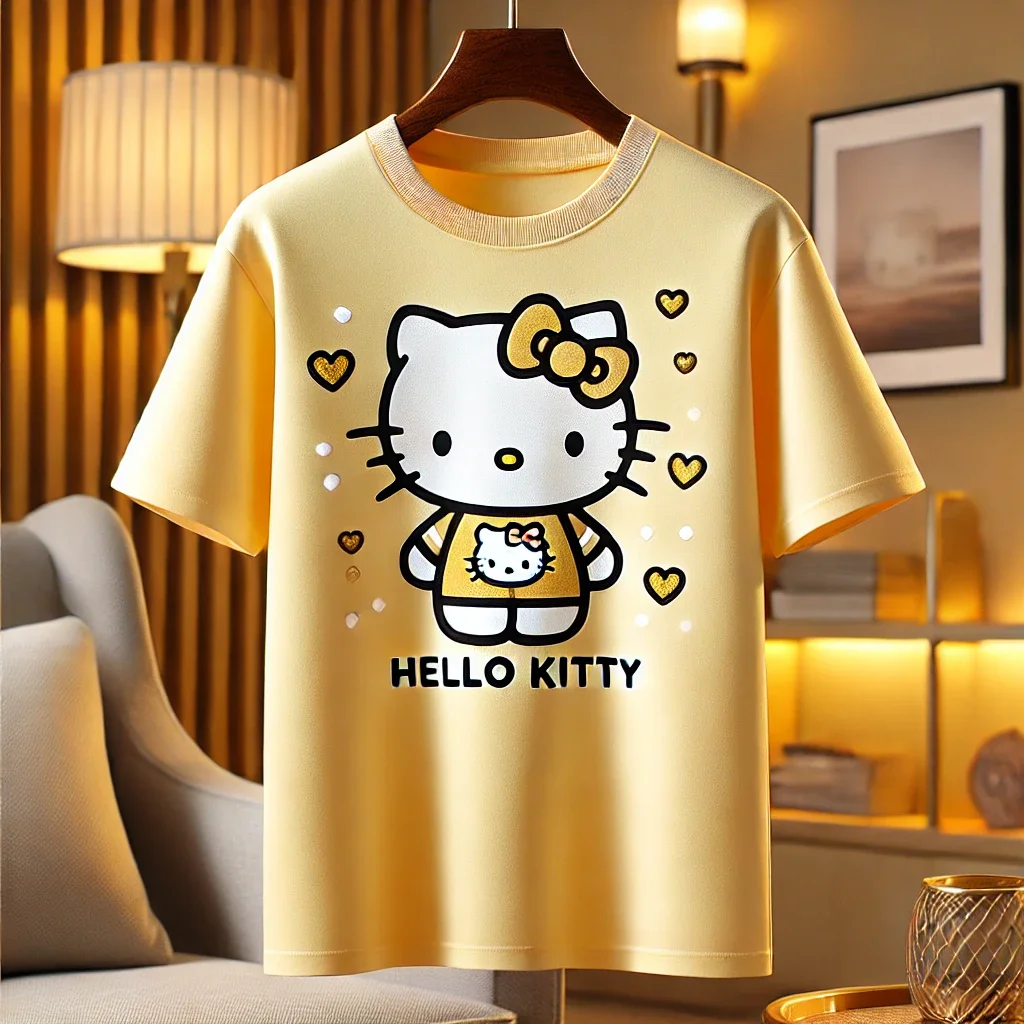 MINISO CHATGPT Designed Hello Kitty Cotton T-shirt Fashion Round Neck T-shirt Men Women Short Sleeve Harajuku Kids/Adult Tops