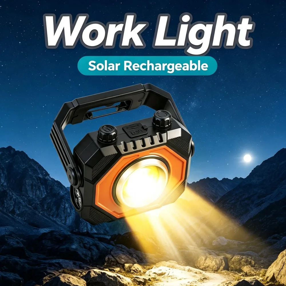 New Multifunctional COB Work Light Solar USB Dual Rechargeable Bright Torch for Outdoor Camping Auto Repair Inspection