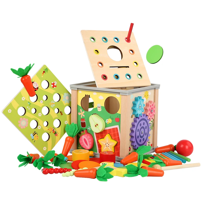 Large wooden baby activity Cube - 9 in 1 multi-purpose educational toy, carrot shape classifier - perfect birthday gift