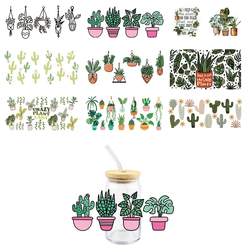 Cactus Plant UV DTF Wrap Transfer Stickers Green Plants Design Waterproof Wrap For Bottles Cups Glasses DIY Decal