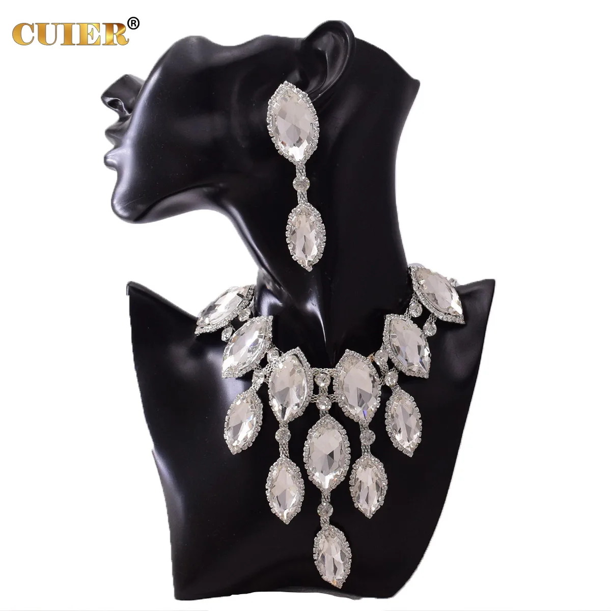 CUIER Glass Rhinestones strass Big Necklace for Bridal Wedding pendant necklaces Pink V shape jewelry for women