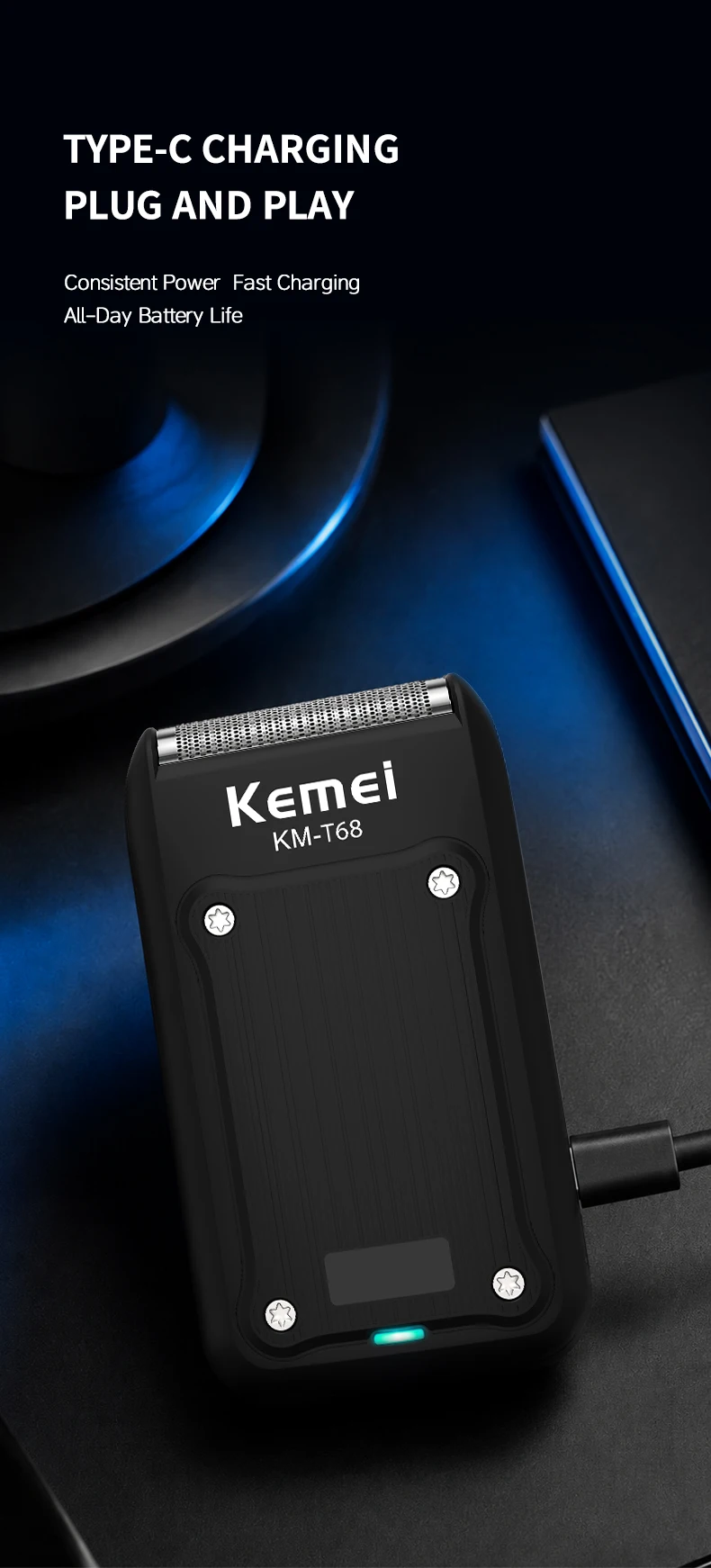 Kemei T68 Elektrorasierer für Männer wiederaufladbar Original Typ C der beste Herrenrasierer – Detail 7
