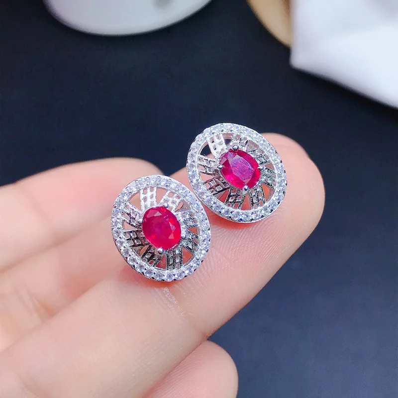 

Natural Burmese Pigeon Red Genuine Ruby 925 Silver Stud Earrings for Women with Certificate 5*4mm