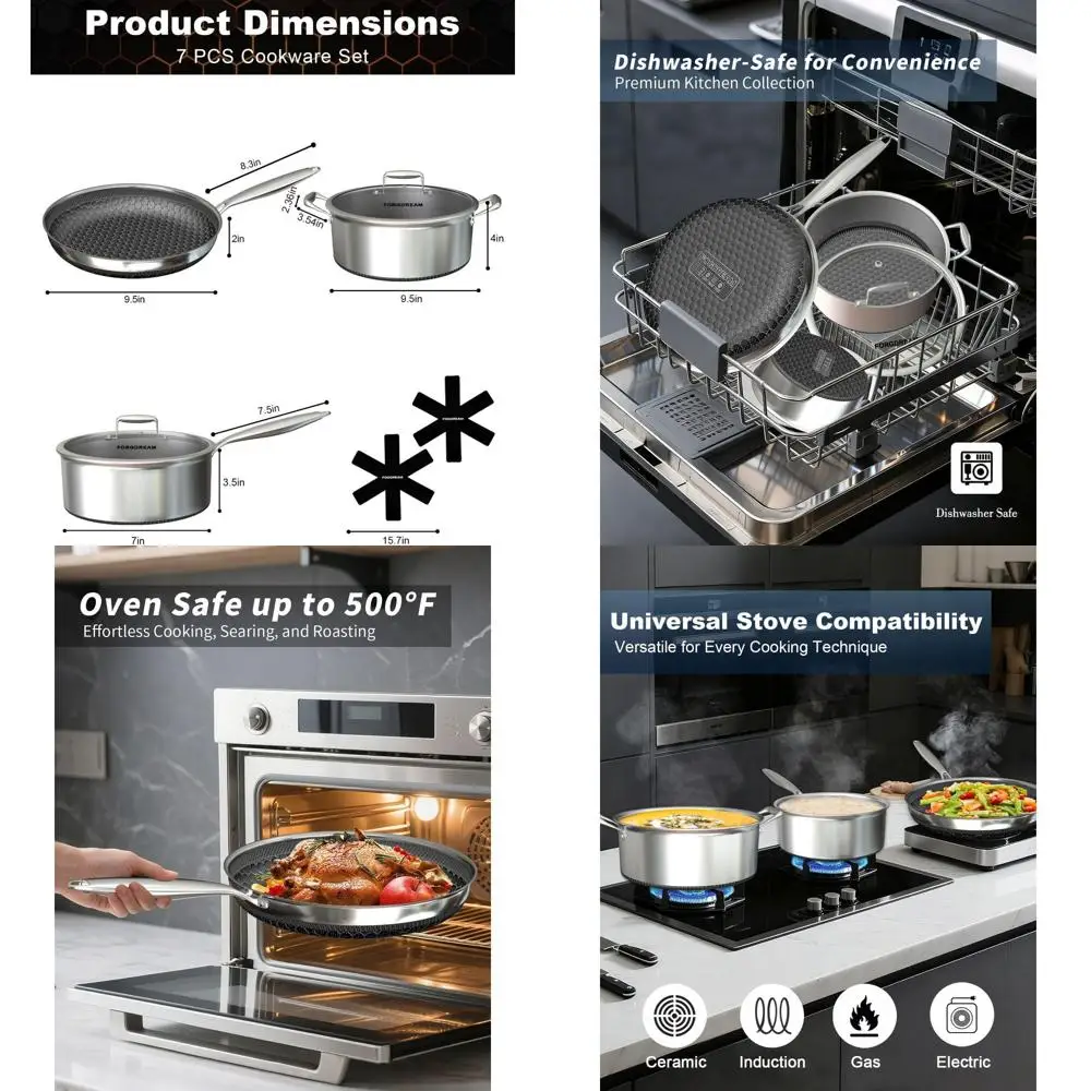 

9.5 Nonstick Fry Pan, 8-Qt Soup Pot, 1.5-Qt Saucepan Set with Glass Lids, Cool Handles, Dishwasher Safe, Induction Ready, Silver