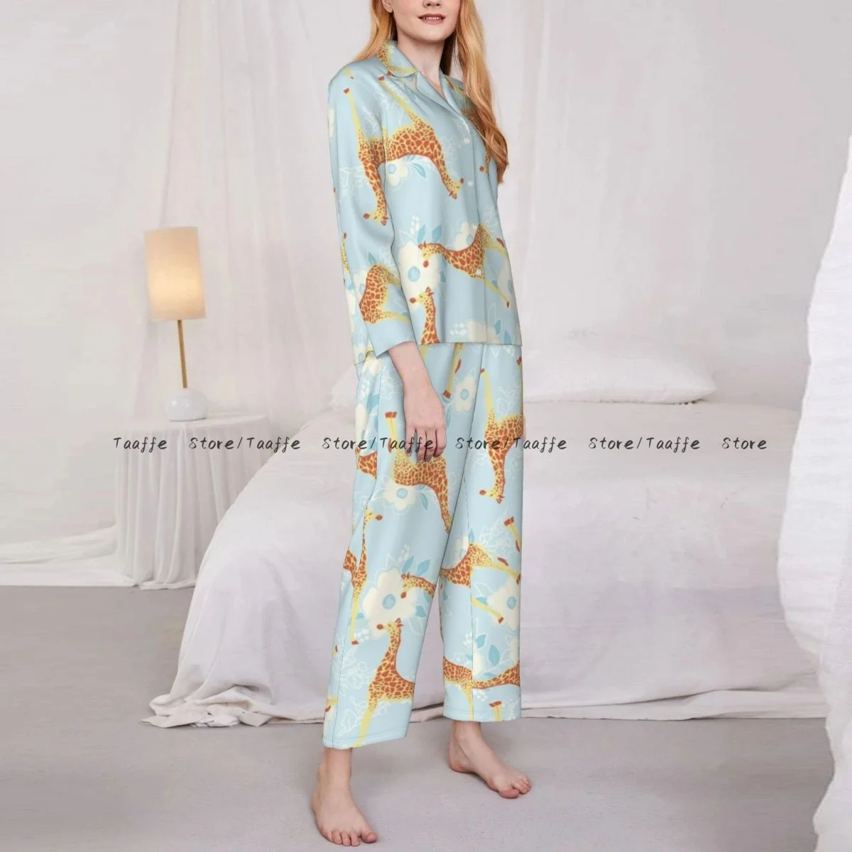 Spring and Autumn Pajama Set Women's Long Sleeve Pants Two Piece Cute Giraffe With Flowers Pattern Home Furnishing Set